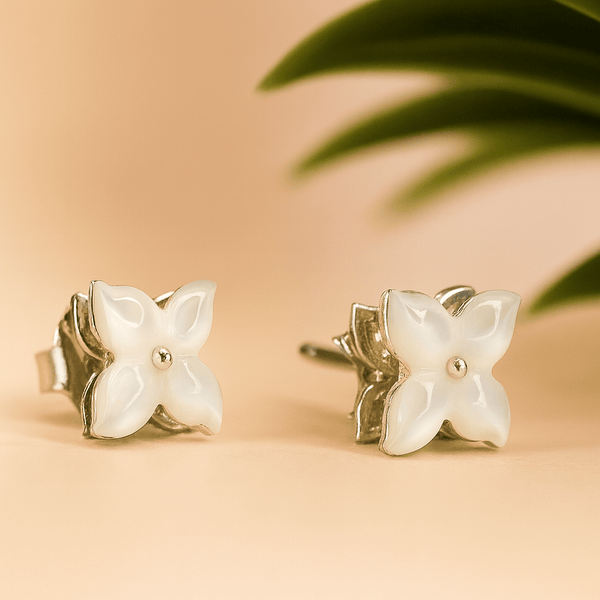 Silver Mother-of-Pearl Butterfly Flower Stud Earrings in 925 Sterling Silver