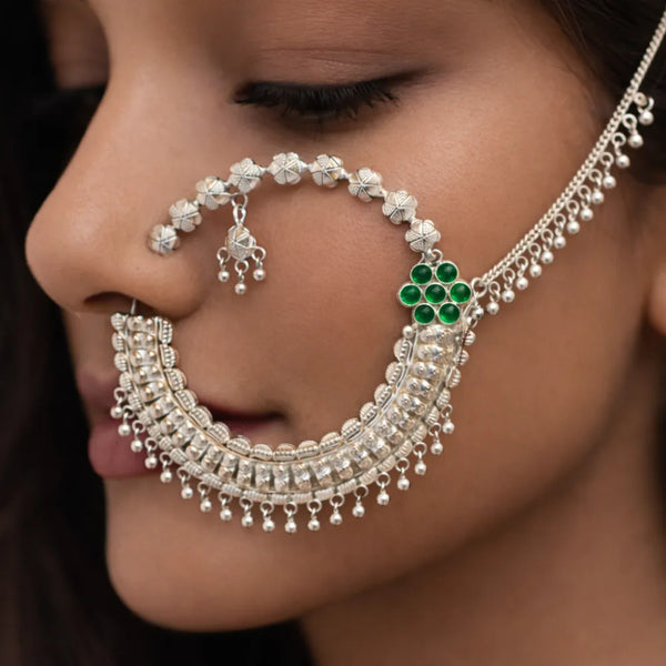 Classic Green Stone 925 Silver Nath