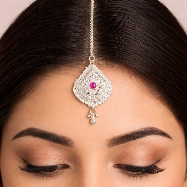 925 Silver Classic Pink Stone Maangtika