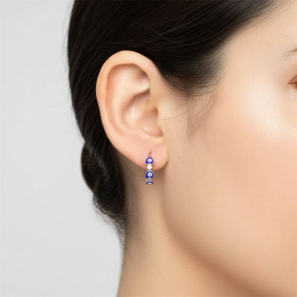 Triple Evil Eye Heart Silver Hoop Earrings