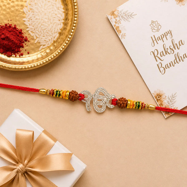 Crystal Ik Onkar Silver Rakhi with Rudraksha Beads