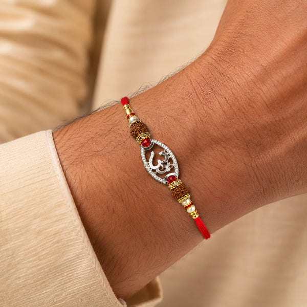 Crystal Om Silver Rakhi with Rudraksha Beads | Frolic Jewels