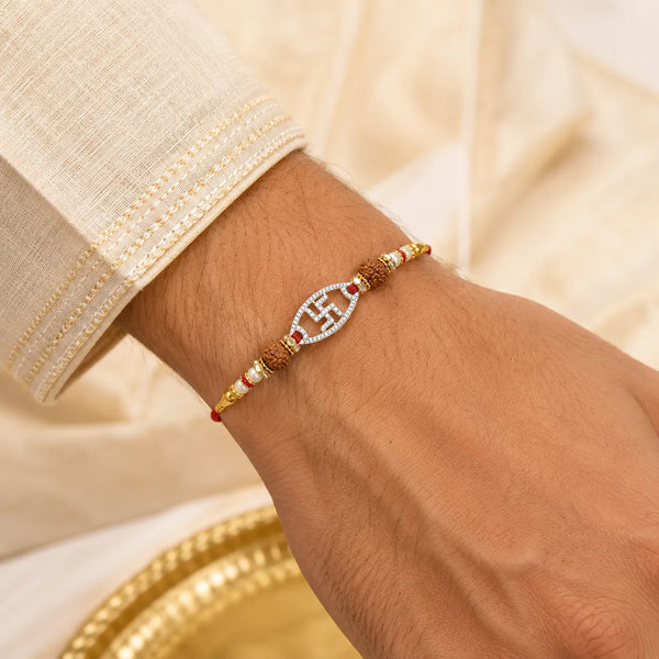 Crystal Swastik Silver Rakhi with Rudraksha Beads | Frolic Jewels