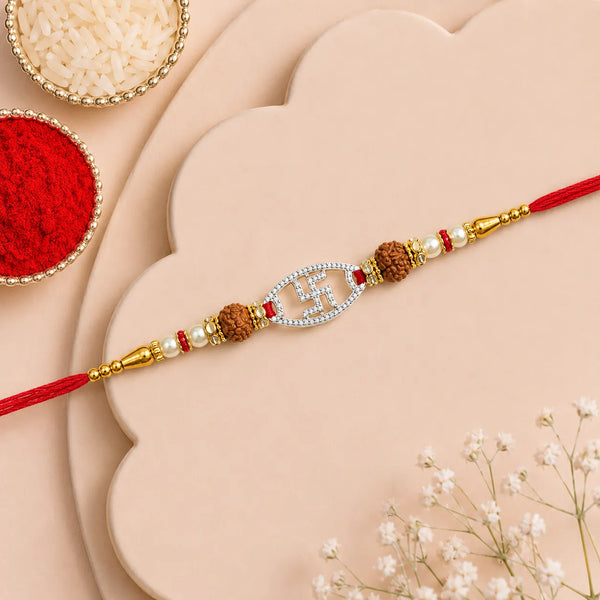 Crystal Swastik Silver Rakhi with Rudraksha Beads | Frolic Jewels