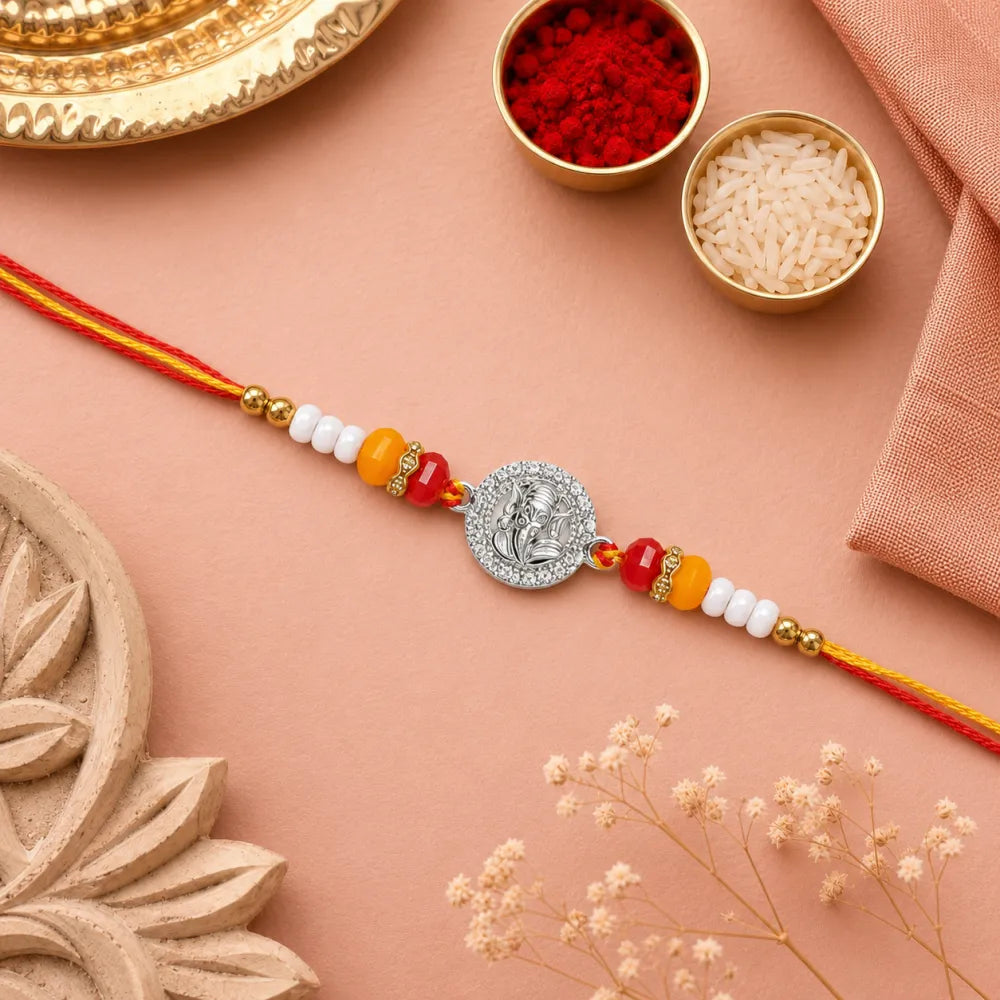Divine Ganesha Silver Rakhi with Colourful Beads