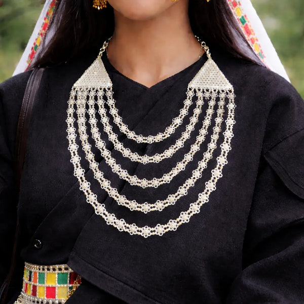Elegant Multi-Layer Silver Chandrahar Necklace