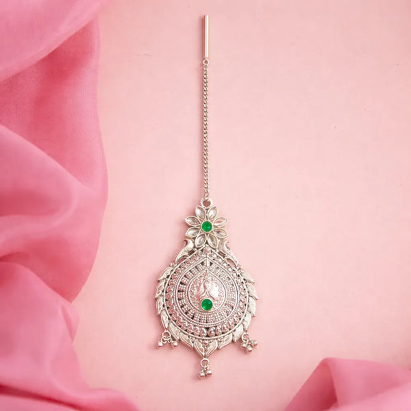Elegant 925 Silver Maangtika with Green Stone