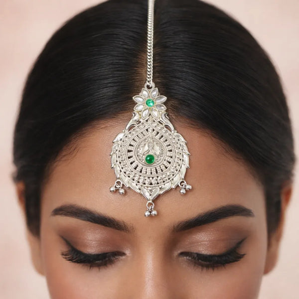 Elegant 925 Silver Maangtika with Green Stone