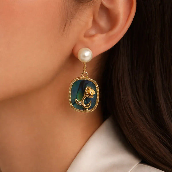 Emerald Floral Pearl Earrings – Anti Tarnish Gold Statement Jewellery