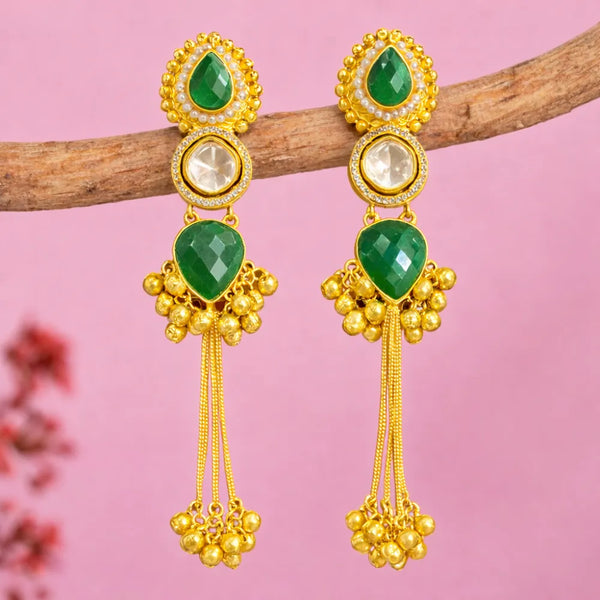 Emerald Kundan Tassel - Anti-Tarnish Green Earrings