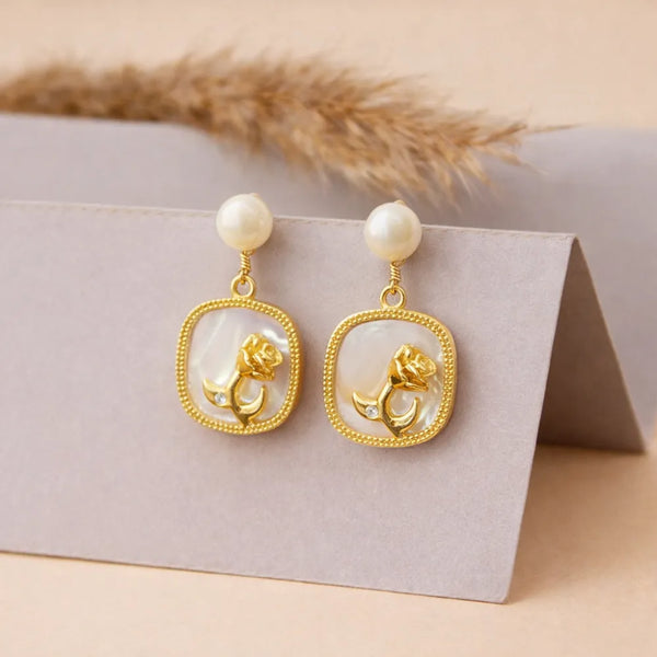 Floral Pearl Drop Earrings – Anti Tarnish Gold Elegant Jewellery