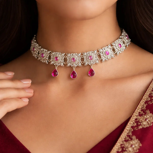Floral Ruby Silver Guluband