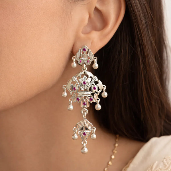 925 Silver Floral Ruby Earrings