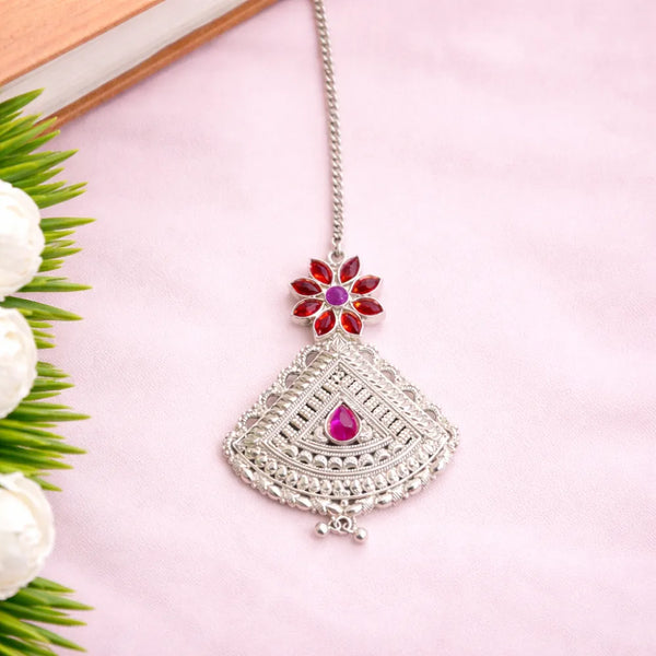 Floral 925 Silver Red Stone Maangtika