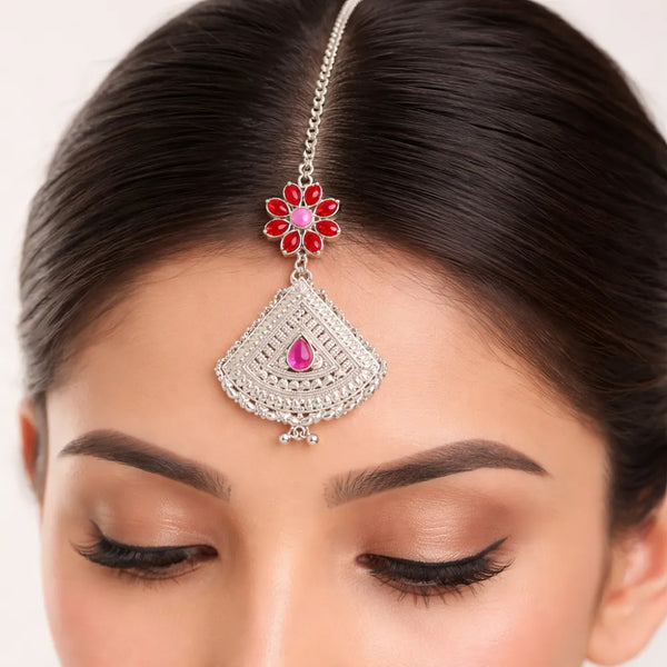 Floral 925 Silver Red Stone Maangtika