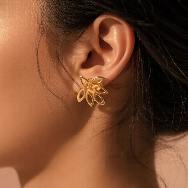 Golden Leaf Outline Silver Stud Earrings
