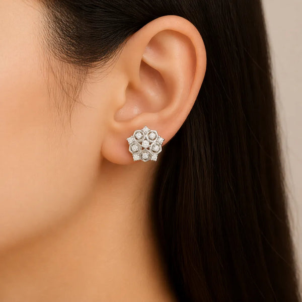 Floral Starburst 925 Silver Stud Earrings – Sparkling Openwork Design