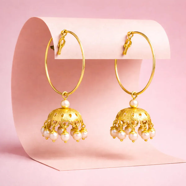 Gold Pearl Jhumka Hoop Earrings – Anti-Tarnish Fusion Statement