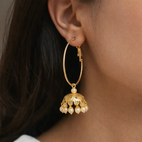 Gold Pearl Jhumka Hoop Earrings – Anti-Tarnish Fusion Statement
