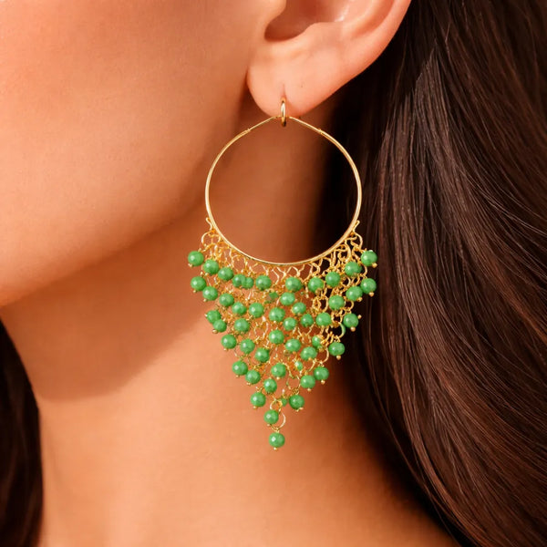 Green Beaded Hoop Anti-Tarnish Earrings