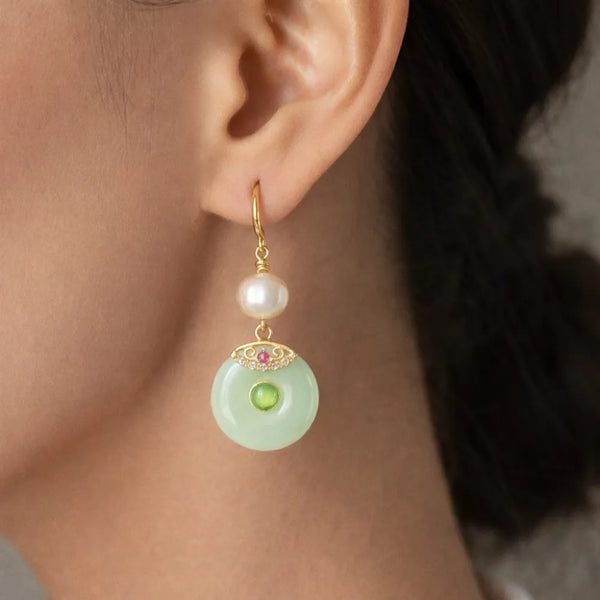 Green Jade Pearl Drop Earrings – Anti Tarnish Gold Earrings