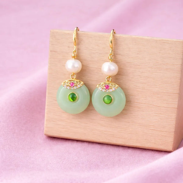 Green Jade Pearl Drop Earrings – Anti Tarnish Gold Earrings