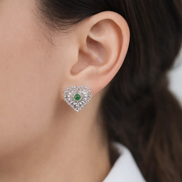 Heart Design 925 Silver Green Earrings
