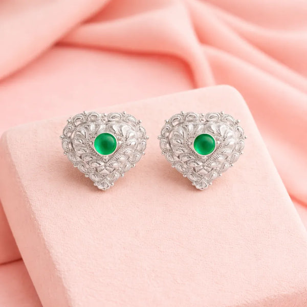 Heart Design 925 Silver Green Earrings