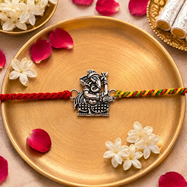 Lord Ganesha Silver Rakhi with Braided Multicolour Thread