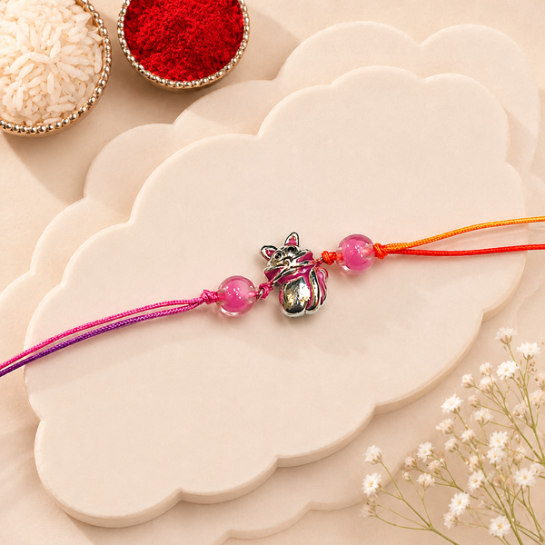 Lucky Cat Silver Rakhi with Pink Beads