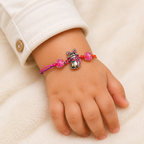 Lucky Cat Silver Rakhi with Pink Beads