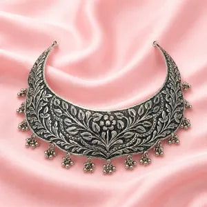 Oxidised Silver Floral Ghunghroo Choker Necklace
