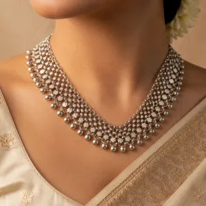 Oxidised Silver Floral Mesh Ghunghroo Necklace