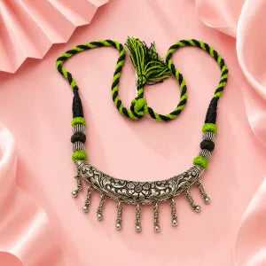 Oxidised Silver Floral Thread Hasuli Necklace