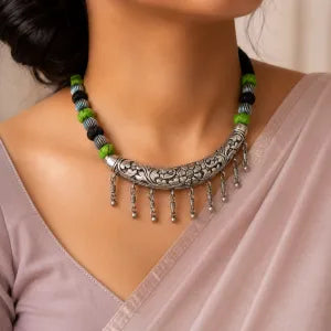 Oxidised Silver Floral Thread Hasuli Necklace