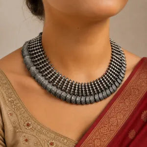 Oxidised Silver Round Coin Statement Necklace