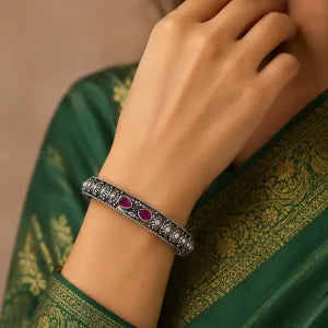 Oxidised Silver Ruby Floral Bangles