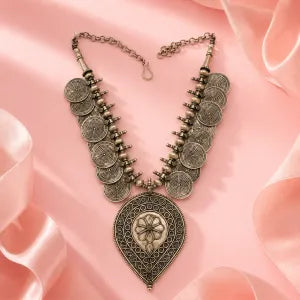 Oxidised Silver Tribal Coin Pendant Necklace