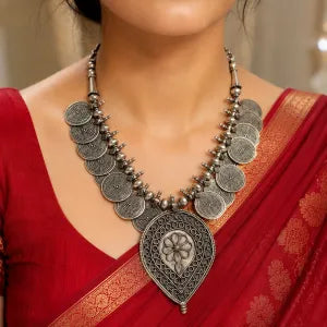 Oxidised Silver Tribal Coin Pendant Necklace