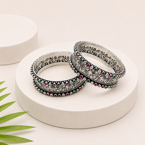 Oxidised Silver Elephant Design Bangles | Frolic Jewels