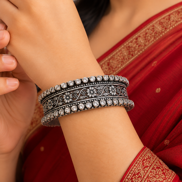 Oxidised Silver Floral Bangles| Frolic Jewels