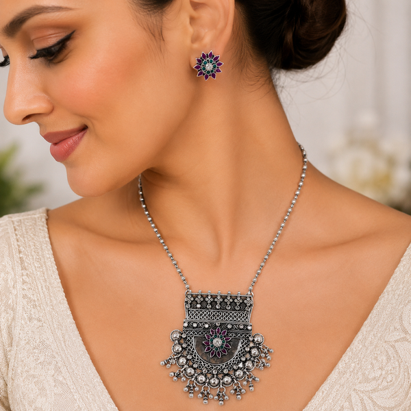 Oxidised Silver Floral Necklace Set for Women | Frolic Jewels