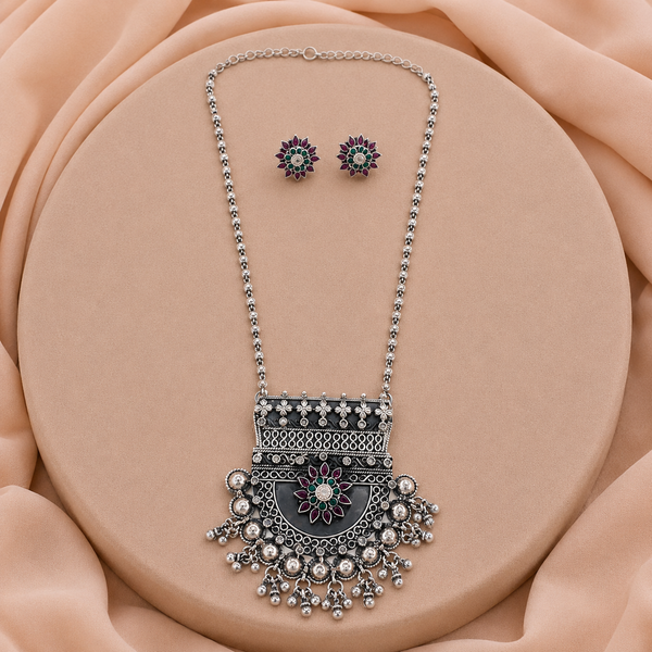 Oxidised Silver Floral Necklace Set for Women | Frolic Jewels