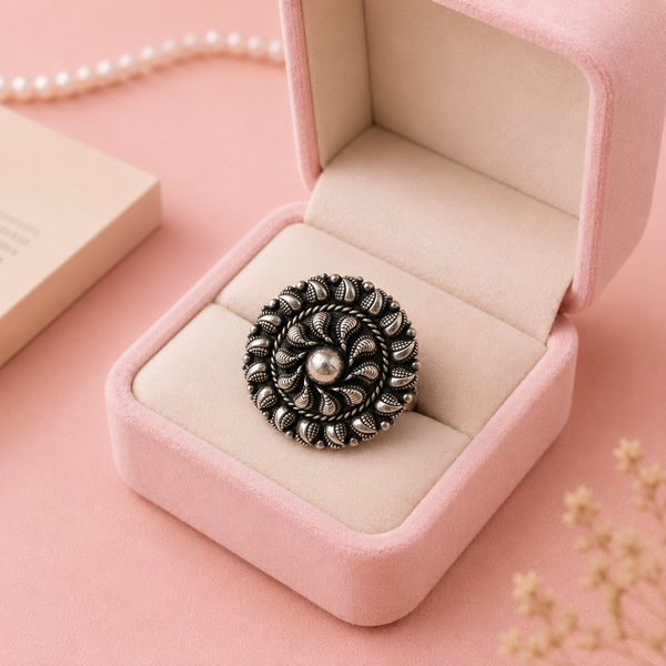 Oxidised Silver Floral Statement Ring| Frolic Jewels