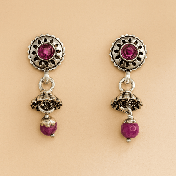 Silver Oxidised Jhumki Earrings with Purple Stone