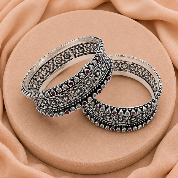 Oxidised Silver Ruby Floral Bangles | Frolic Jewels