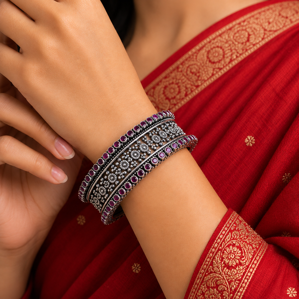 Oxidised Silver Ruby Stone Bangles  | Frolic Jewels
