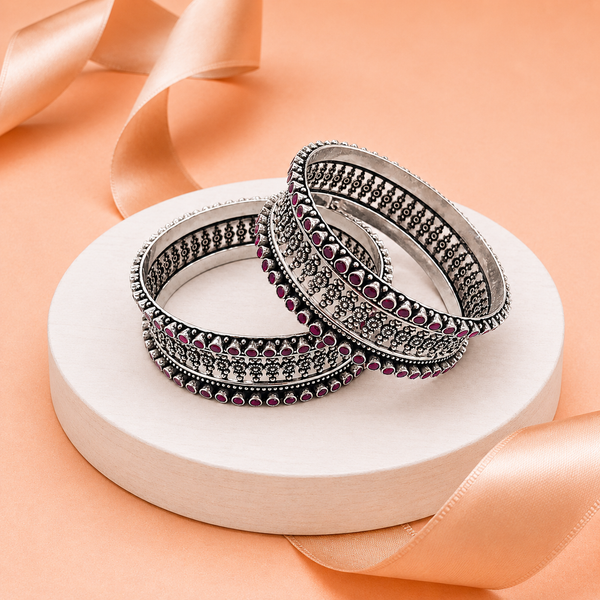 Oxidised Silver Ruby Stone Bangles  | Frolic Jewels