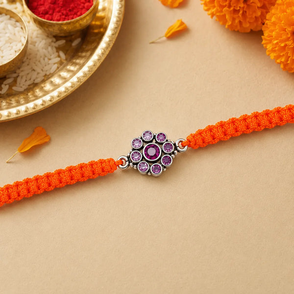 Purple Crystal Floral Silver Rakhi