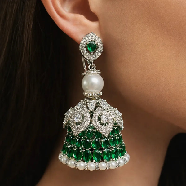 Royal Green Crystal Jhumka Earrings